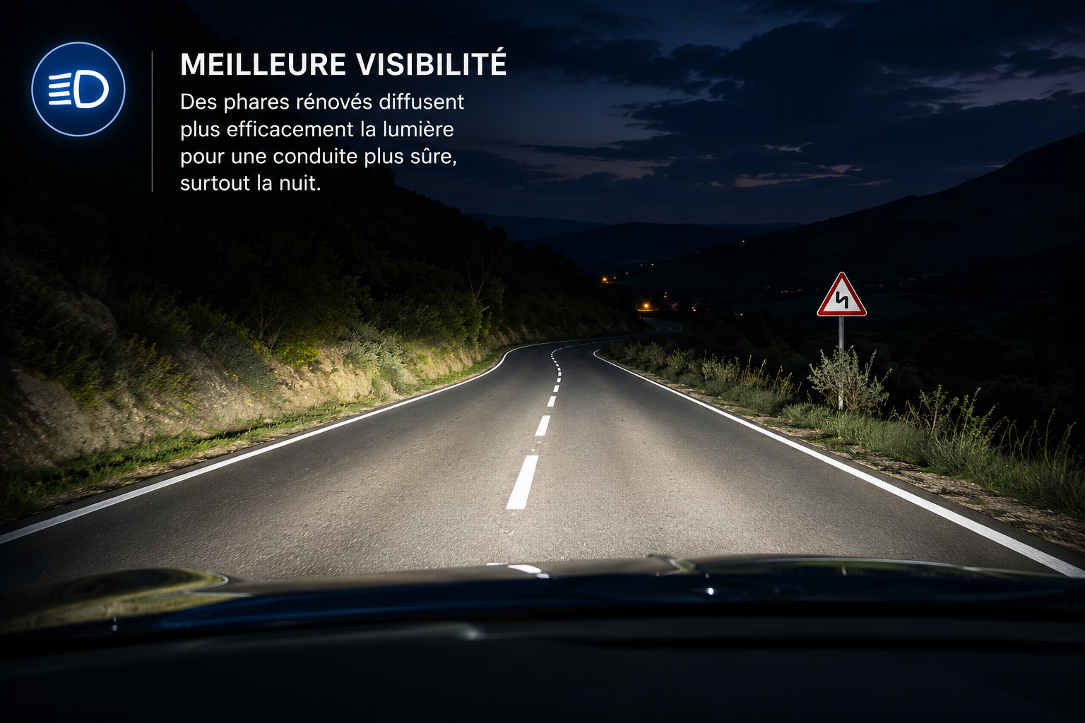 Illustration réaliste d’une voiture éclairant une route de nuit
